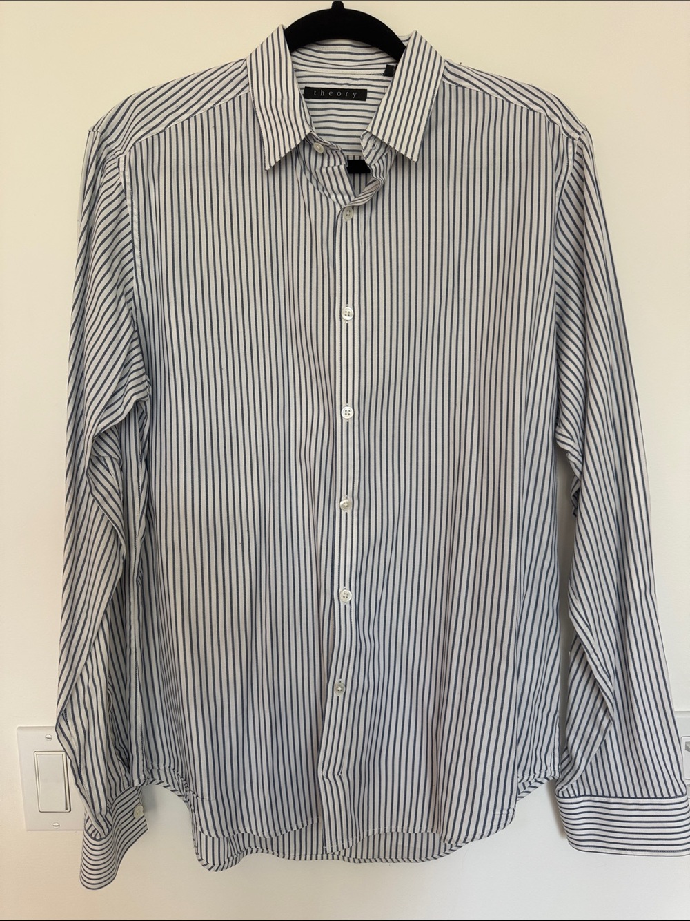 Theory Men's White Dress Shirt with Navy Pinstripes